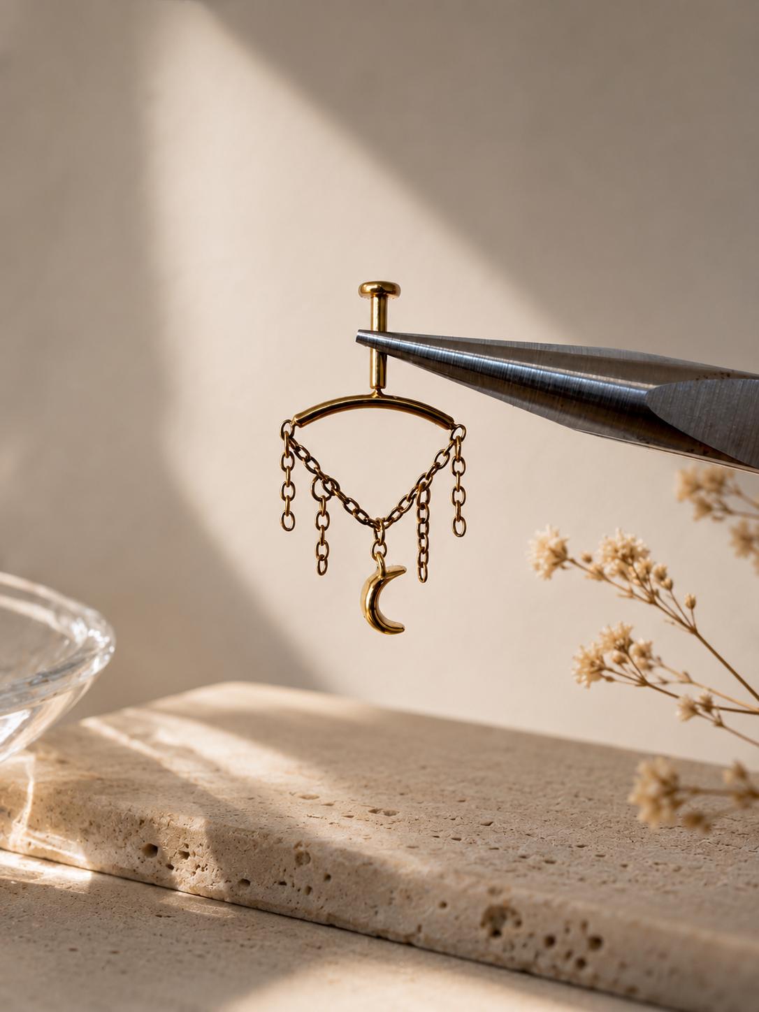 Vertical Helix Earring with Star Charm, Push Pin Titanium Chain Cartilage Earring, Celestial Earrings