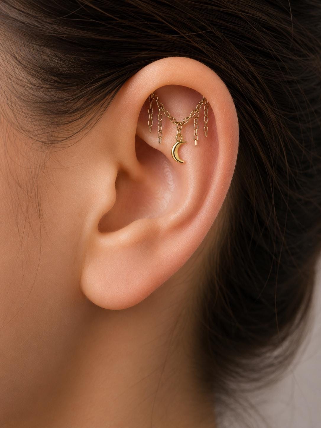 Vertical Helix Earring with Star Charm, Push Pin Titanium Chain Cartilage Earring, Celestial Earrings
