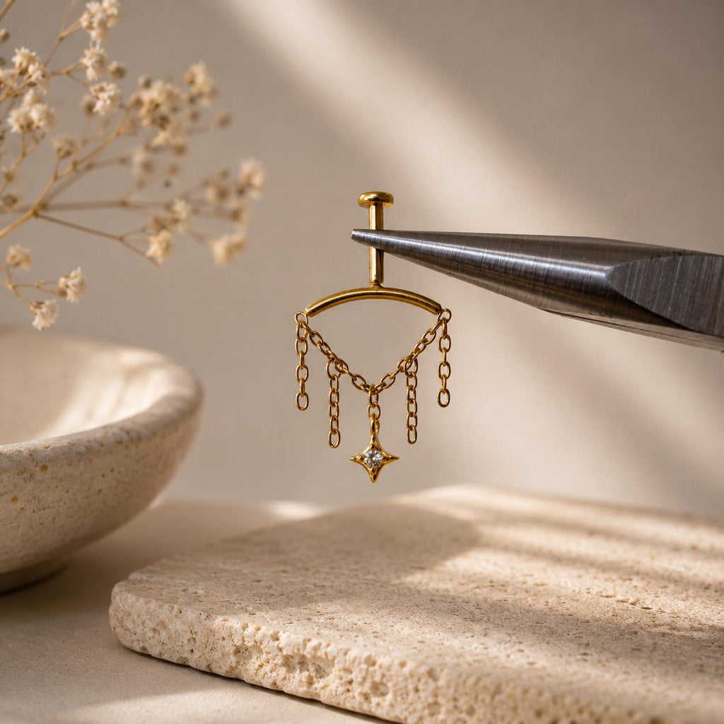 Vertical Helix Earring with Star Charm, Push Pin Titanium Chain Cartilage Earring, Celestial Earrings
