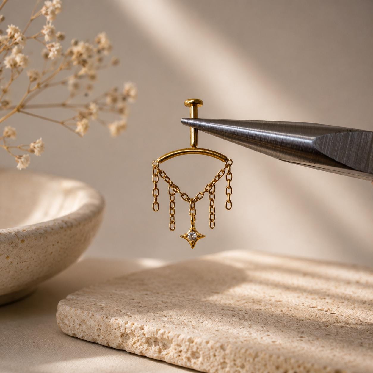 Vertical Helix Earring with Moon Charm, Push Pin Titanium Chain Cartilage Earring, Celestial Earrings