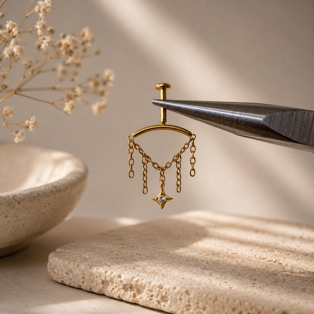 Vertical Helix Earring with Moon Charm, Titanium Chain Cartilage Earring, Celestial Earrings