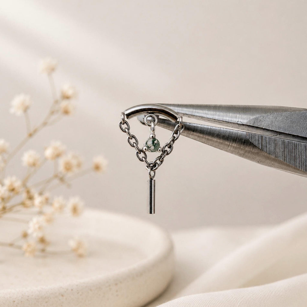 Minimalist Hidden Helix Opal CZ Chain Dangle Earring | Titanium Cartilage Piercing Jewelry | Flat Piercing