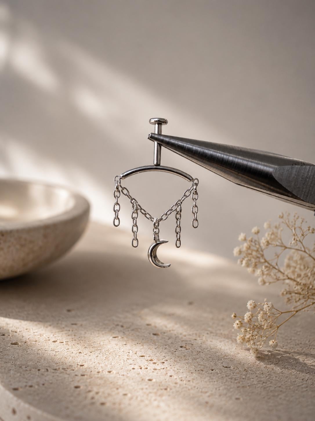 Vertical Helix Earring with Star Charm, Push Pin Titanium Chain Cartilage Earring, Celestial Earrings