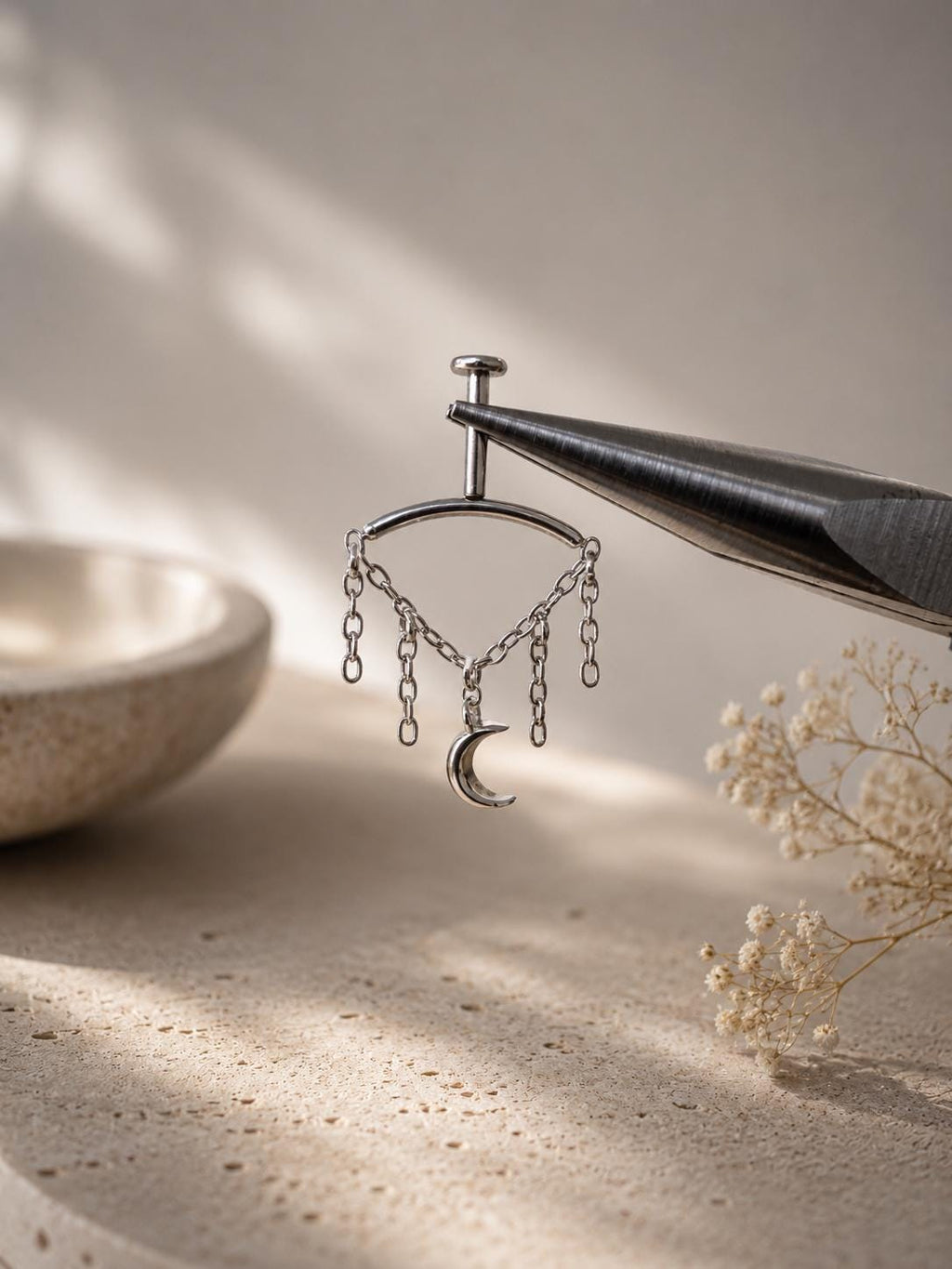 Vertical Helix Earring with Moon Charm, Titanium Chain Cartilage Earring, Celestial Earrings