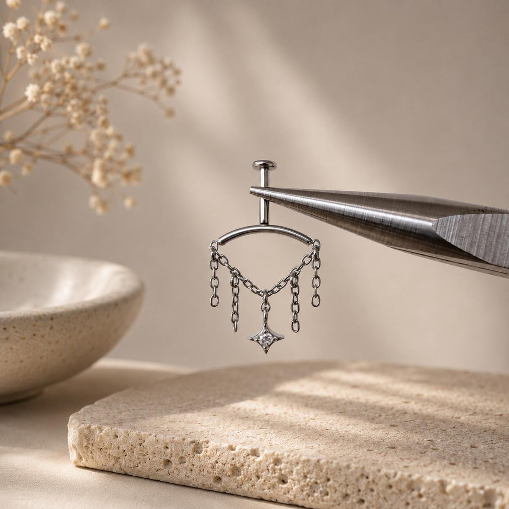Vertical Helix Earring with Star Charm, Push Pin Titanium Chain Cartilage Earring, Celestial Earrings
