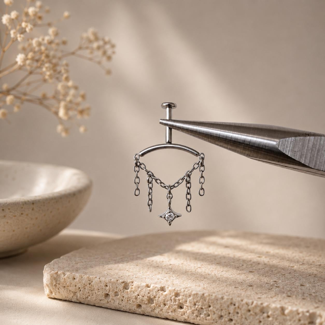 Vertical Helix Earring with Star Charm, Push Pin Titanium Chain Cartilage Earring, Celestial Earrings