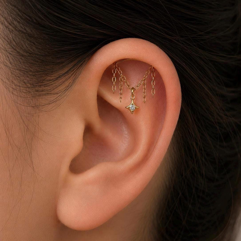Vertical Helix Earring with Moon Charm, Push Pin Titanium Chain Cartilage Earring, Celestial Earrings
