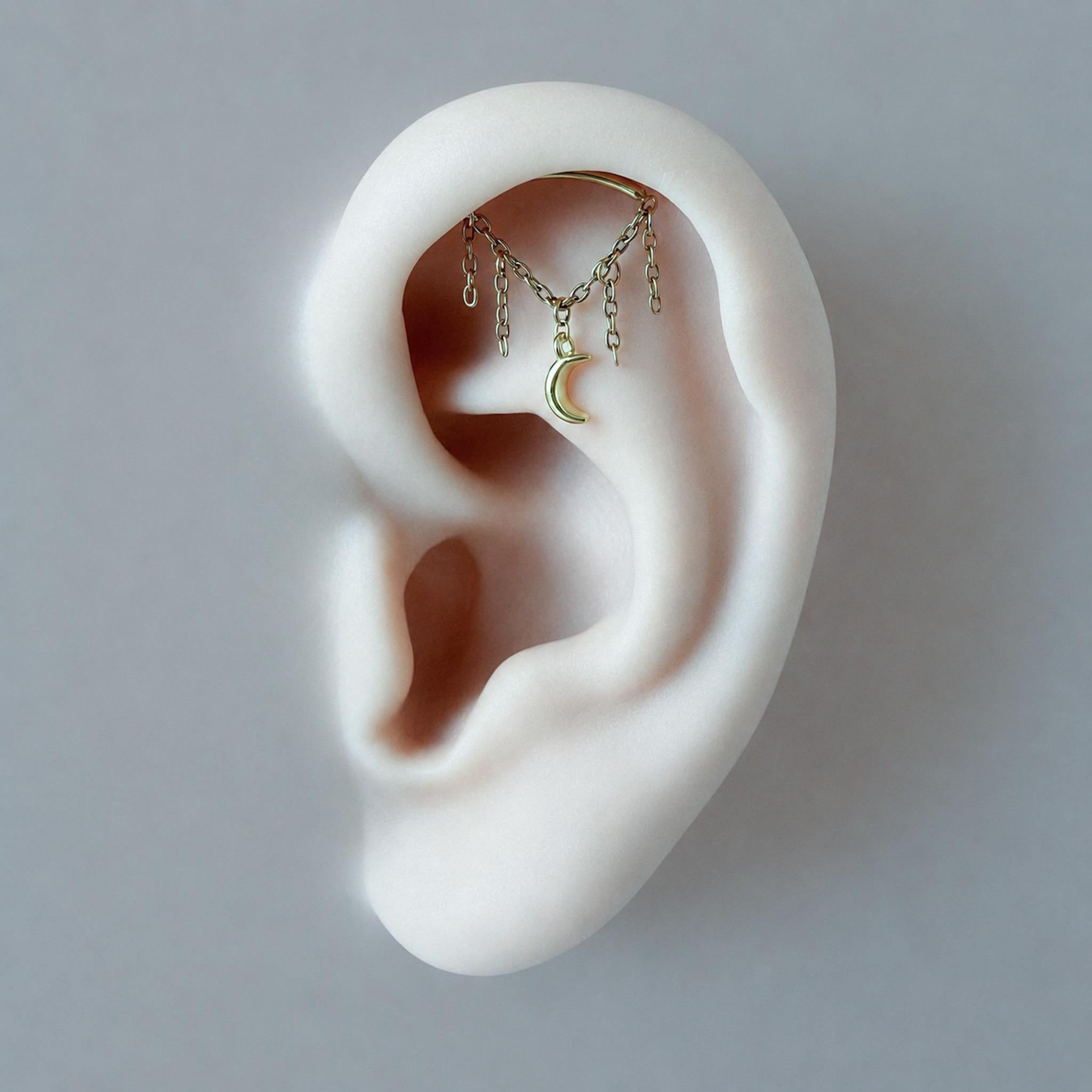 Vertical Helix Earring with Moon Charm, Titanium Chain Cartilage Earring, Celestial Earrings
