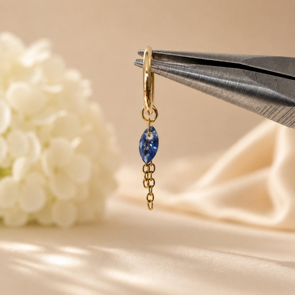 Waterproof Tarnish Free Dainty Diamond CZ Marquise Charm Chain Dangle Helix Hoop Charm, earring charms, Titanium Hoops, cartilage piercing