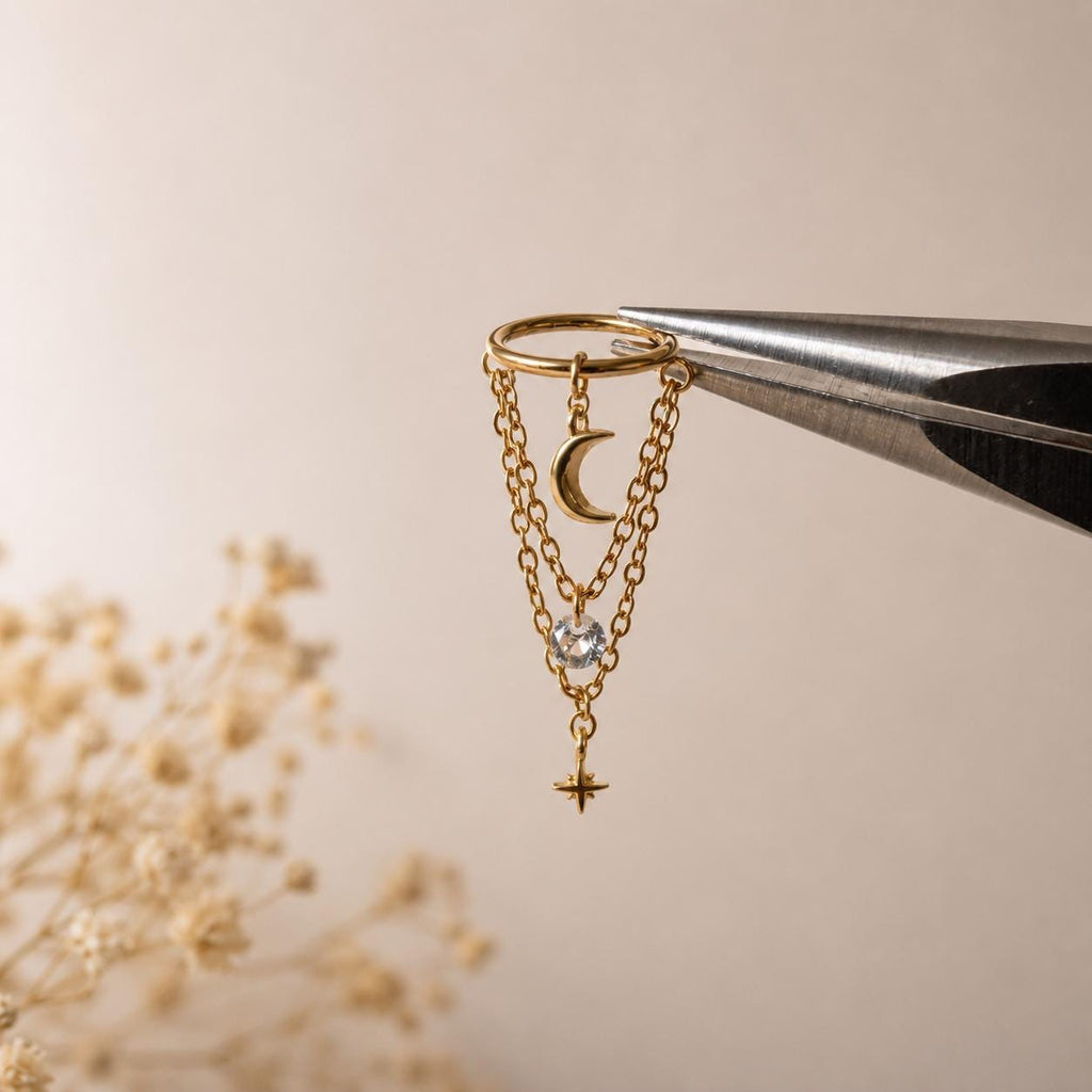 14g/16g/18g 6mm-12mm Dainty Celestial Star or Moon Helix Chain Piercing, Conch Hoop Charm Earring