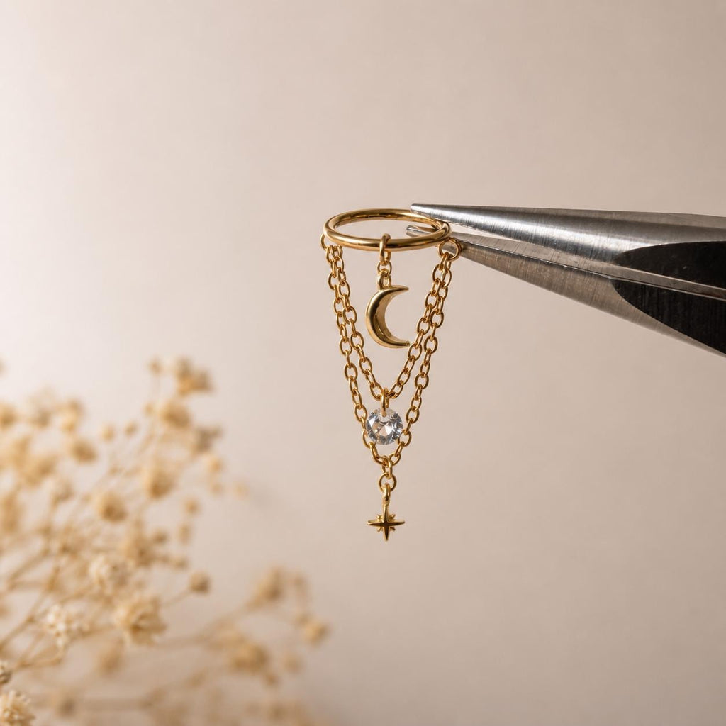14g/16g/18g 6mm-12mm Dainty Celestial Star or Moon Helix Chain Piercing, Conch Hoop Charm Earring