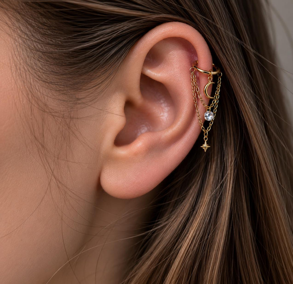 14g/16g/18g 6mm-12mm Dainty Celestial Star or Moon Helix Chain Piercing, Conch Hoop Charm Earring