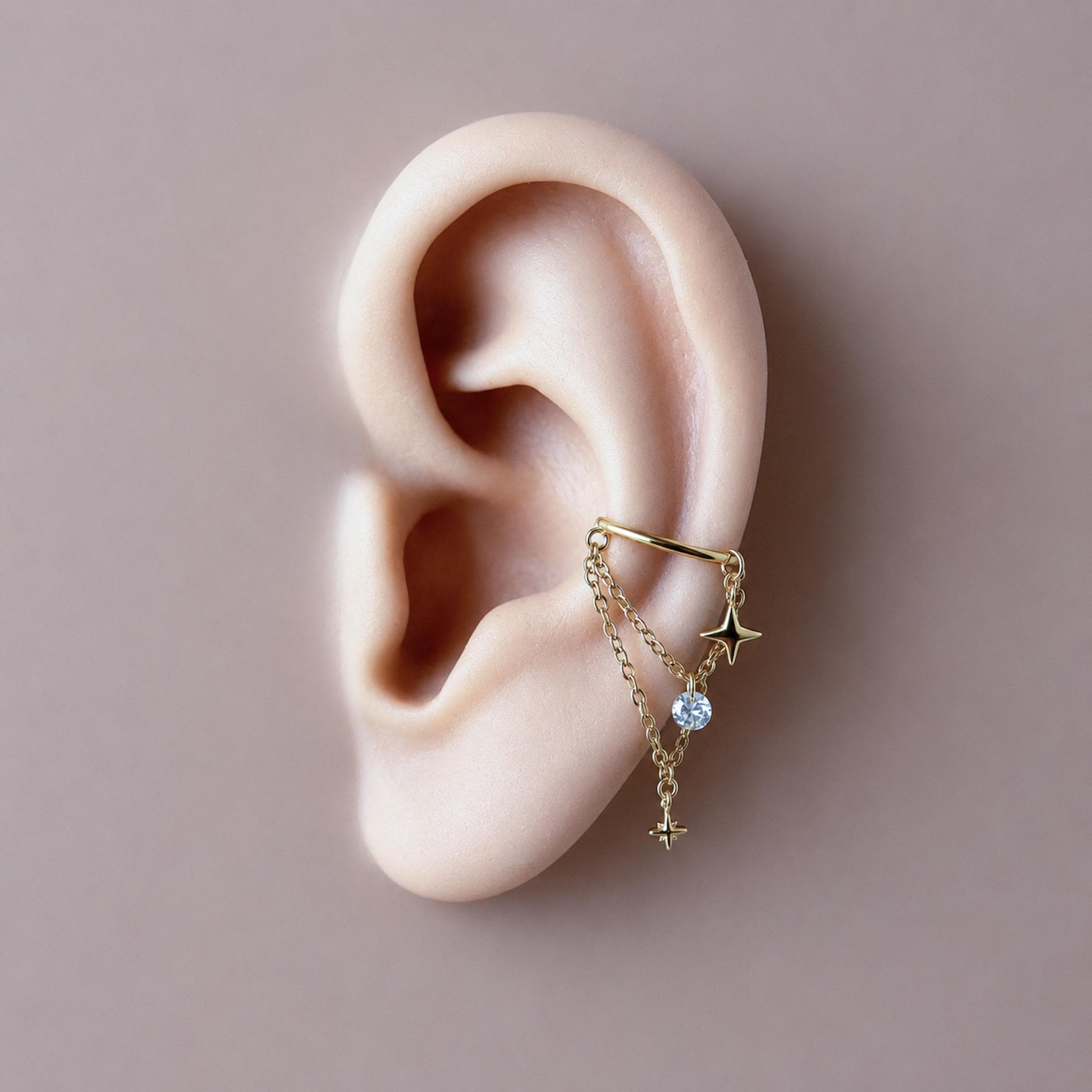 14g/16g/18g 6mm-12mm Dainty Celestial Star or Moon Helix Chain Piercing, Conch Hoop Charm Earring