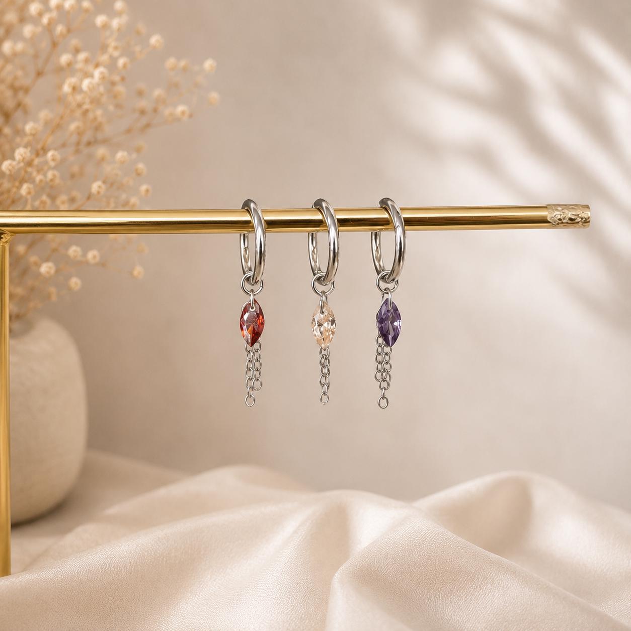 Waterproof Tarnish Free Dainty Diamond CZ Marquise Charm Chain Dangle Helix Hoop Charm, earring charms, Titanium Hoops, cartilage piercing