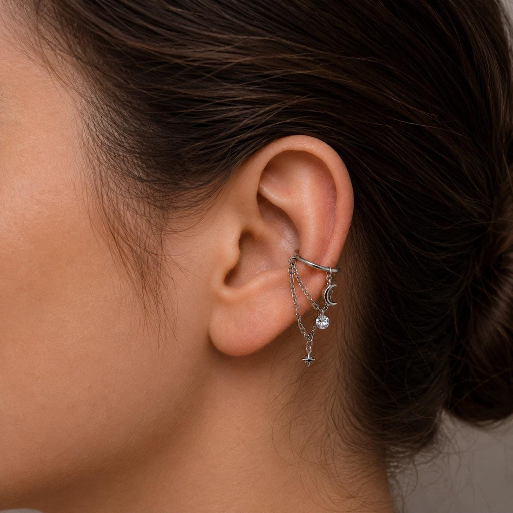 14g/16g/18g 6mm-12mm Dainty Celestial Star or Moon Helix Chain Piercing, Conch Hoop Charm Earring