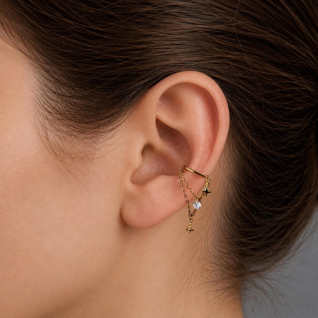 14g/16g/18g 6mm-12mm Dainty Celestial Star or Moon Helix Chain Piercing, Conch Hoop Charm Earring