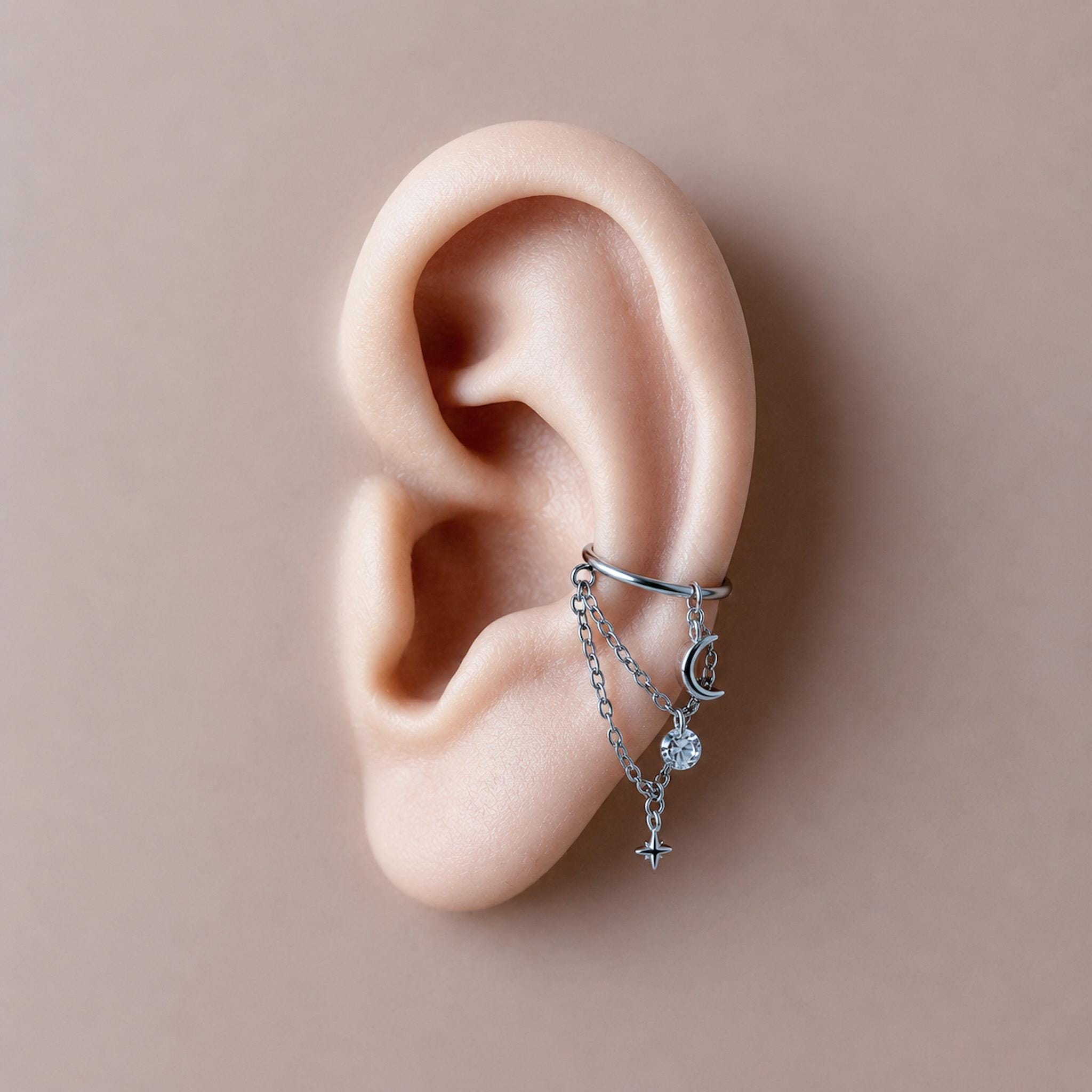 14g/16g/18g 6mm-12mm Dainty Celestial Star or Moon Helix Chain Piercing, Conch Hoop Charm Earring