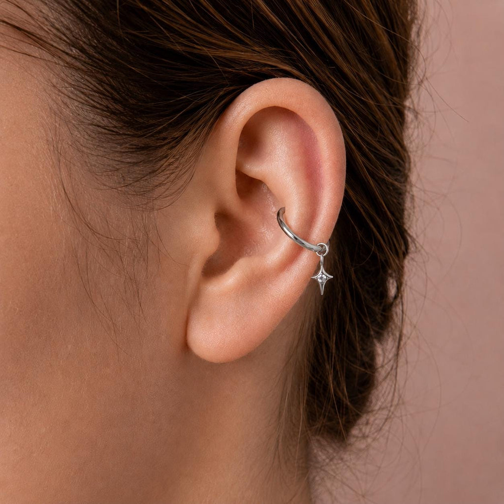 16G/18G/20G Titanium Star Charm Hoop Earring | Helix, Conch, Rook, Lobe Piercing, CZ Dangle Hoop | Hypoallergenic Cartilage Hoop