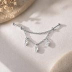 Waterproof Threadless Titanium Industrial Barbell Marquise CZ Double Chain Push Pin Labret for Piercing, Earring Chain, 16g, 18g, 20g