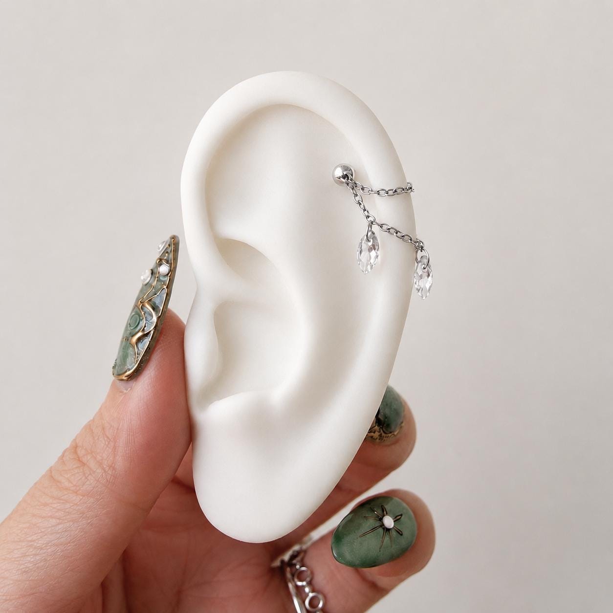 Waterproof Double Chain Marquise CZ Helix Piercing, cartilage piercing, earring chains, helix hoops