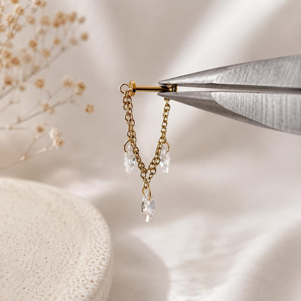 Waterproof Double Chain Marquise CZ Helix Piercing, cartilage piercing, earring chains, helix hoops