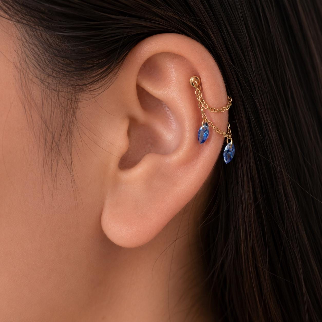 Waterproof Double Chain Marquise CZ Helix Piercing, cartilage piercing, earring chains, helix hoops