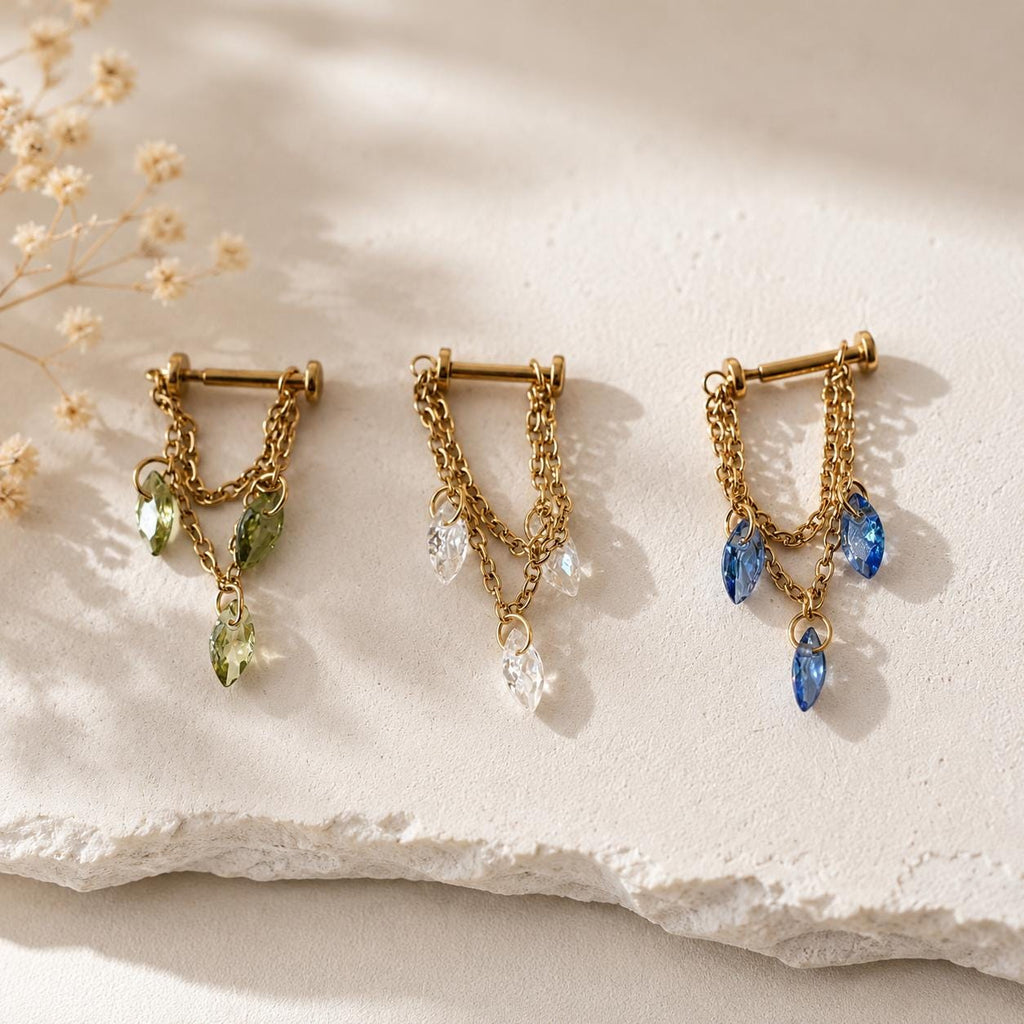 Waterproof Double Chain Marquise CZ Helix Piercing, cartilage piercing, earring chains, helix hoops