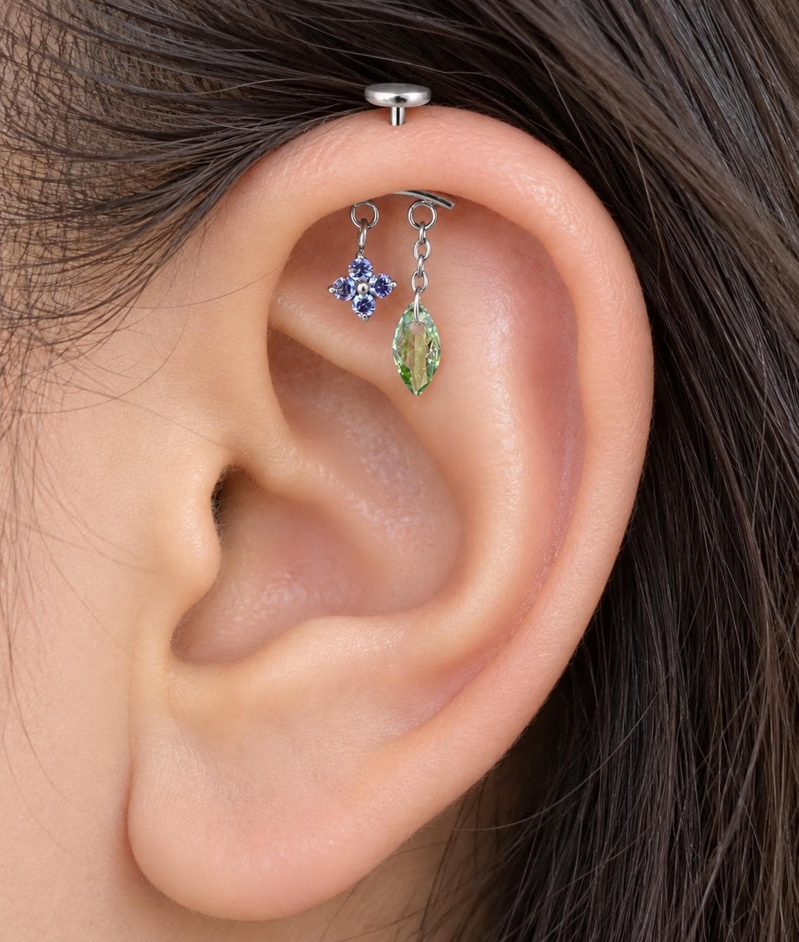 16G/18G/20G Waterproof Threadless Push Pin Dainty Blossom Leaf Charm Vertical Helix Piercing, Vertical hidden rook piercing, Hypoallergenic