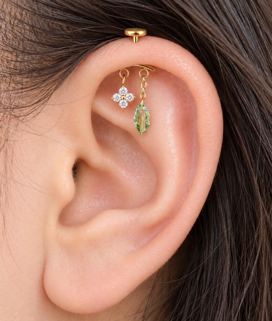 16G/18G/20G Waterproof Threadless Push Pin Dainty Blossom Leaf Charm Vertical Helix Piercing, Vertical hidden rook piercing, Hypoallergenic