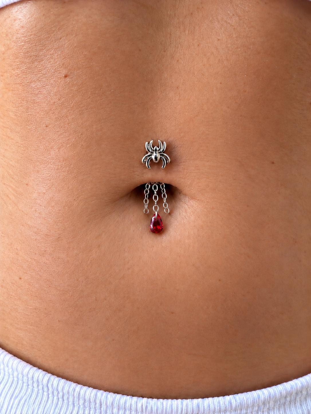 14g Waterproof Titanium Floating Navel Piercing, Spider Garnet Dangle, belly ring, Threadless push pin, floating belly piercing, 8mm, 10mm