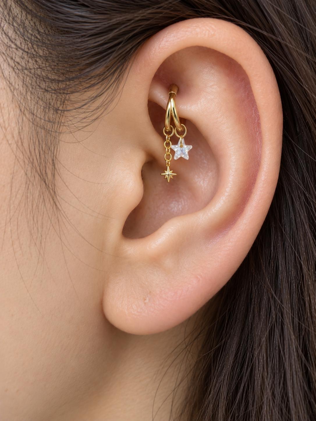 16g 18g 6mm 8mm dainty double hoop falling star diamond cz charm, titanium rook piercing hoop, cartilage piercing, helix hoop charm