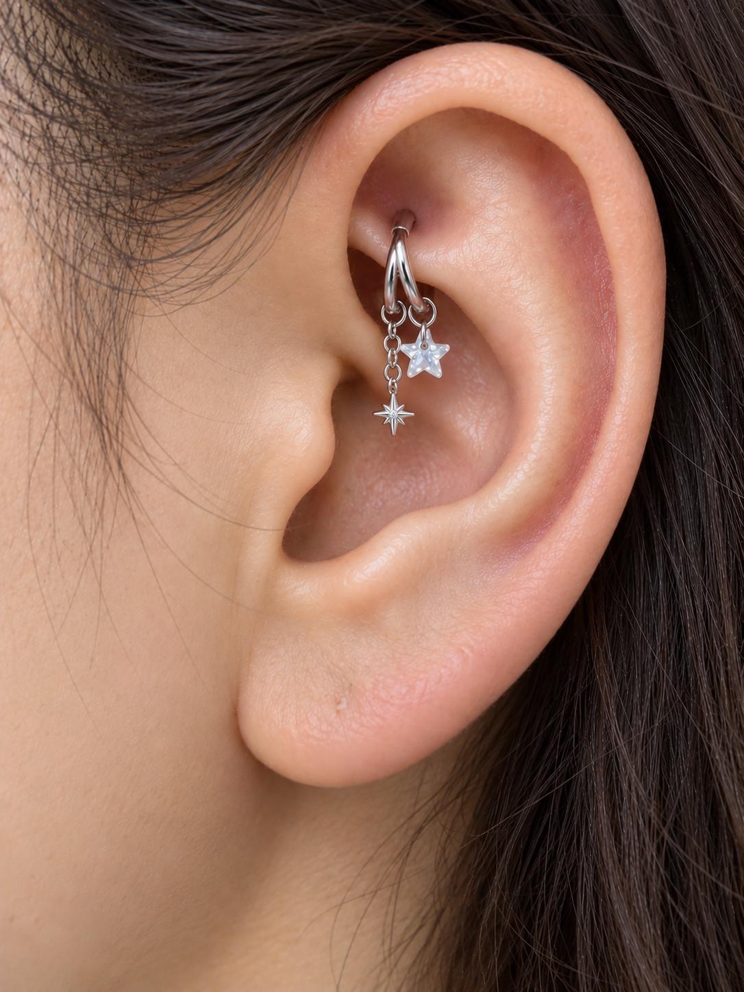 16g 18g 6mm 8mm dainty double hoop falling star diamond cz charm, titanium rook piercing hoop, cartilage piercing, helix hoop charm