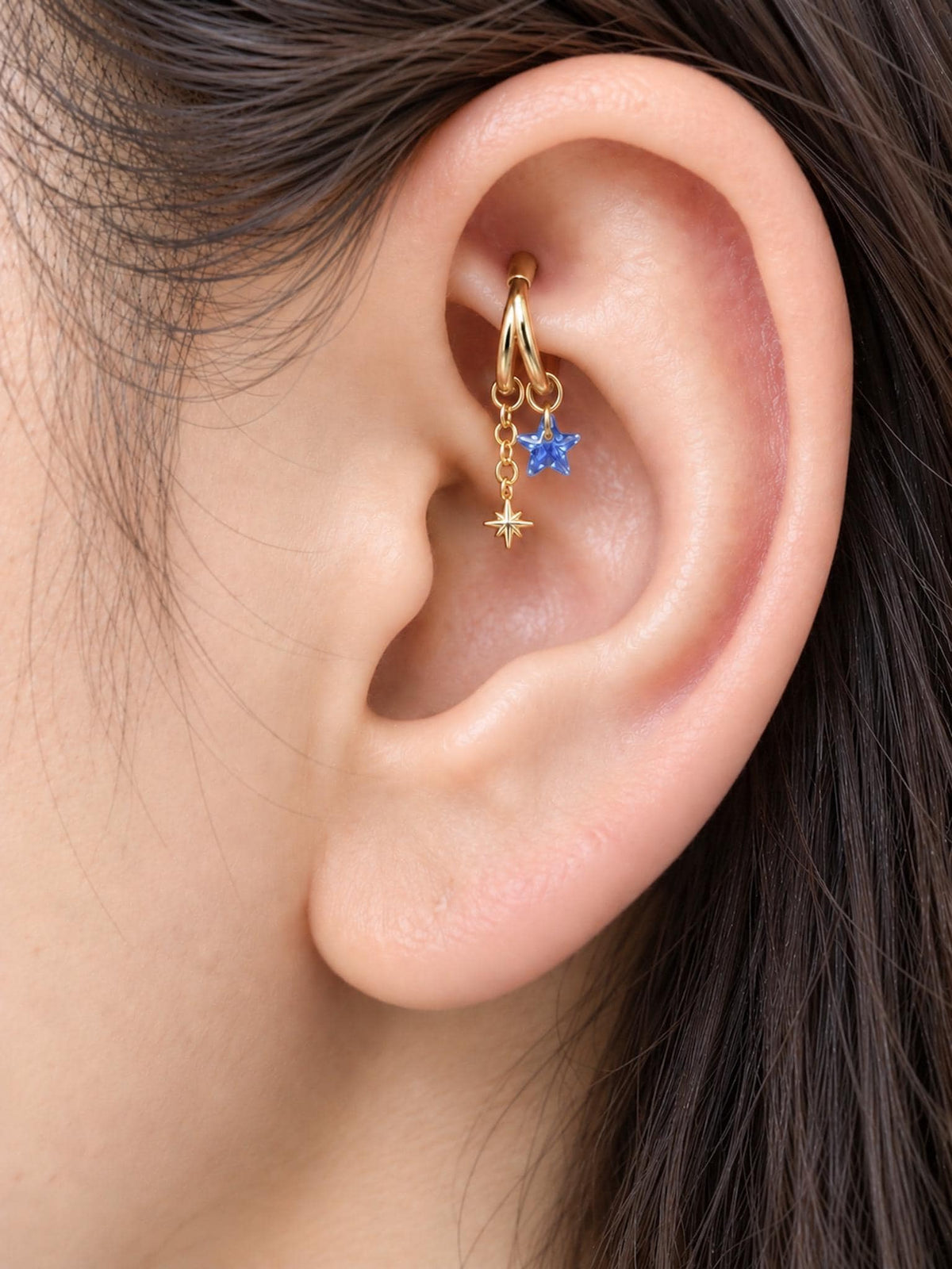 16g 18g 6mm 8mm dainty double hoop falling star diamond cz charm, titanium rook piercing hoop, cartilage piercing, helix hoop charm