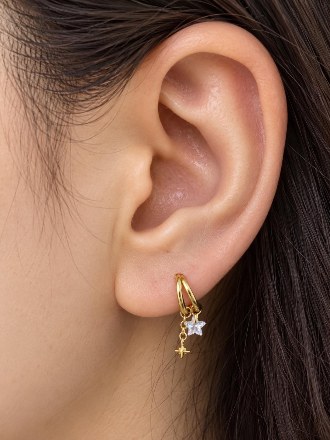 16g 18g 6mm 8mm dainty double hoop falling star diamond cz charm, titanium rook piercing hoop, cartilage piercing, helix hoop charm