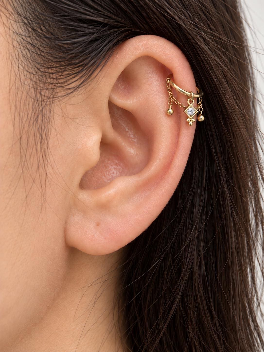 Titanium NEW Amelia CZ Conch Hoop, Gold Helix Earring, Chain Cartilage Piercing, Hypoallergenic Waterproof Jewelry