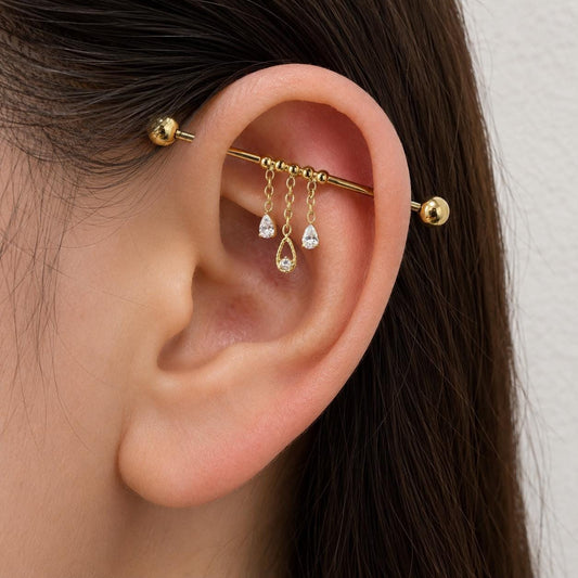 16g 36mm serena titanium dainty industrial barbell with chain tassle and diamond cz pear charms, whimsical cartilage piercings