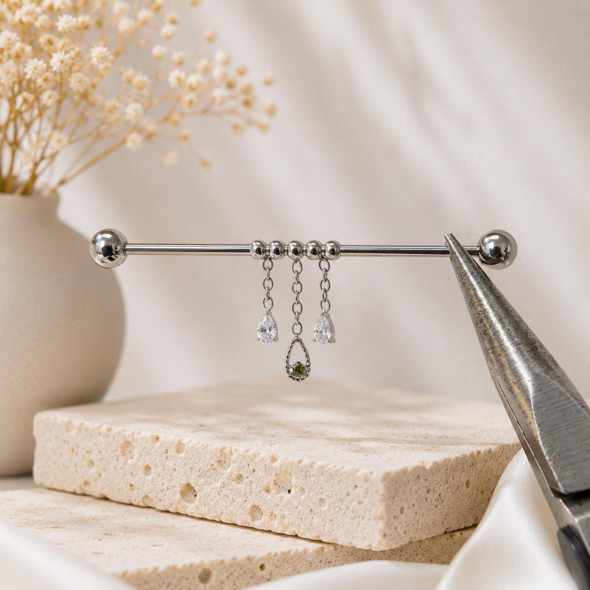 16g 36mm serena titanium dainty industrial barbell with chain tassle and diamond cz pear charms, whimsical cartilage piercings