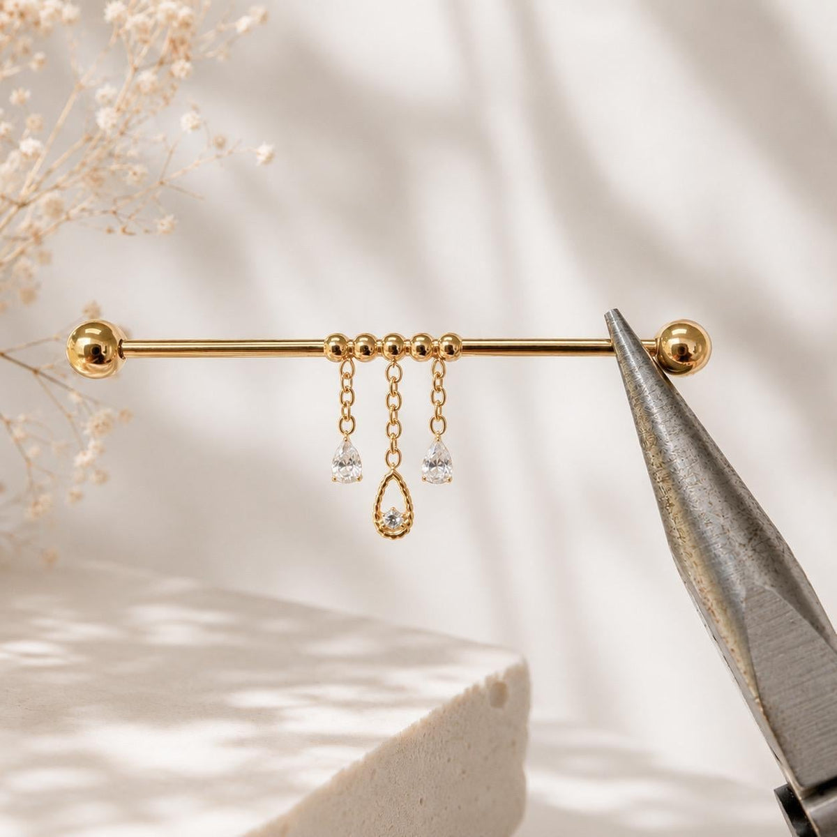16g 36mm serena titanium dainty industrial barbell with chain tassle and diamond cz pear charms, whimsical cartilage piercings