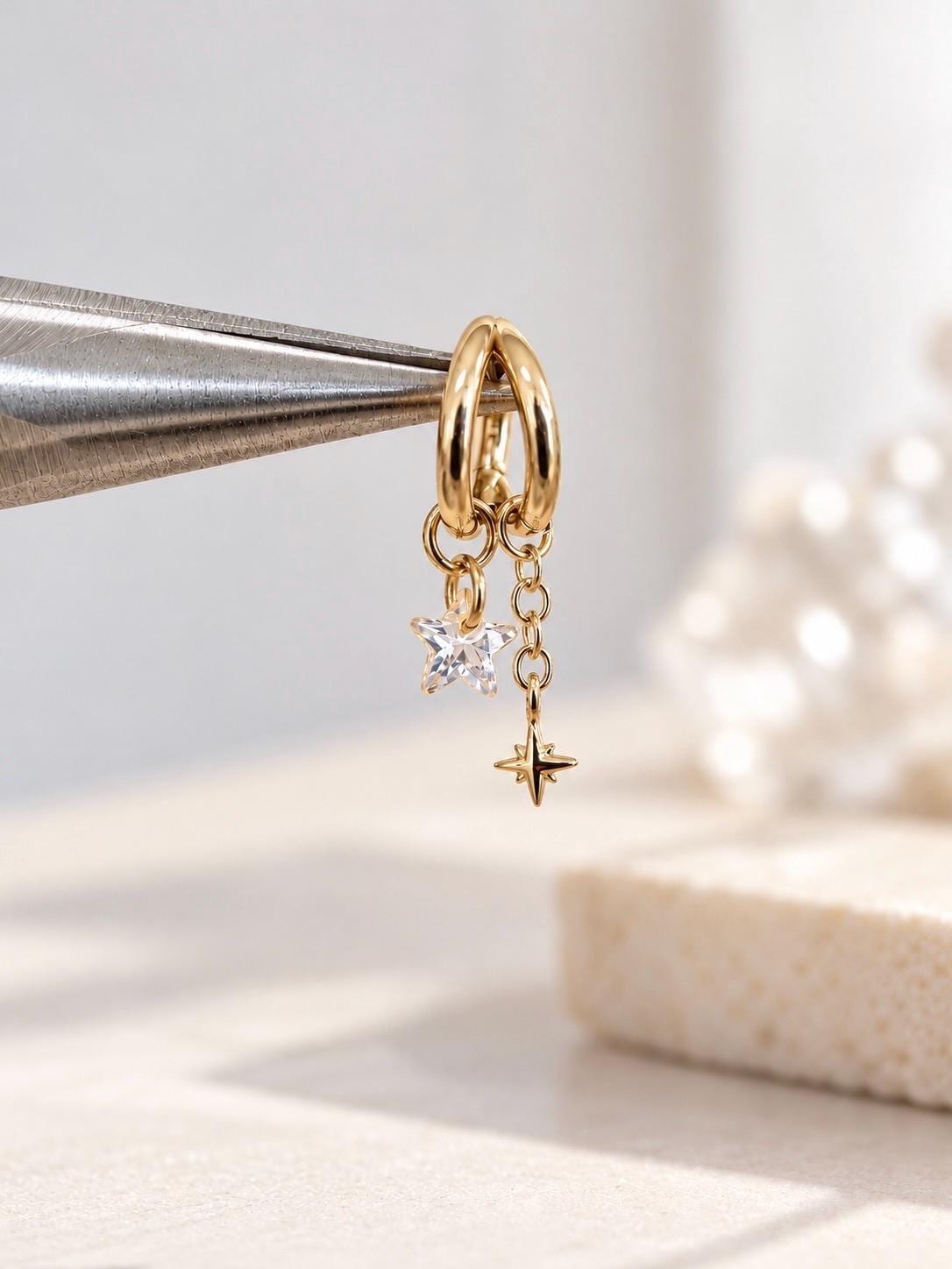 16g 18g 6mm 8mm dainty double hoop falling star diamond cz charm, titanium rook piercing hoop, cartilage piercing, helix hoop charm