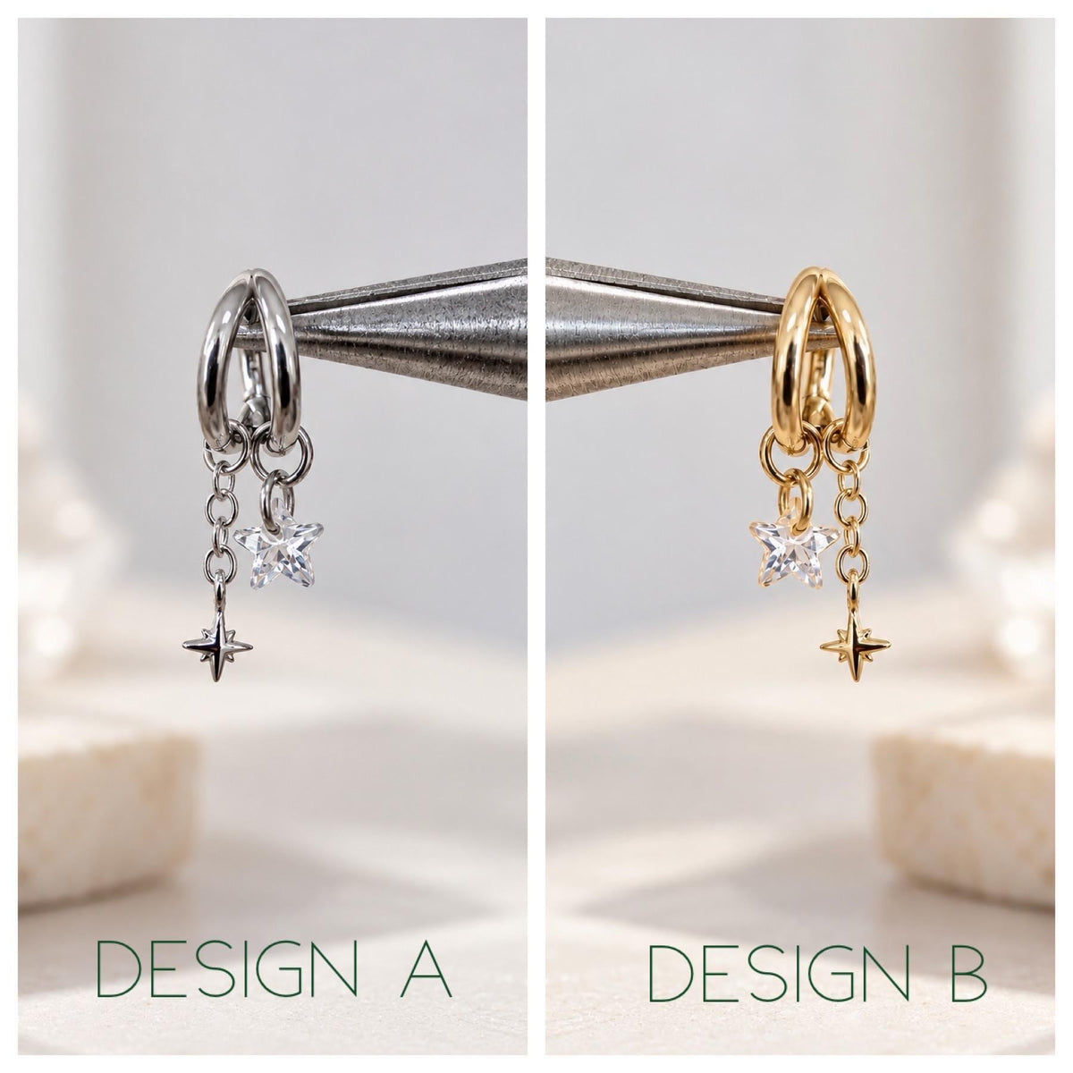 16g 18g 6mm 8mm dainty double hoop falling star diamond cz charm, titanium rook piercing hoop, cartilage piercing, helix hoop charm