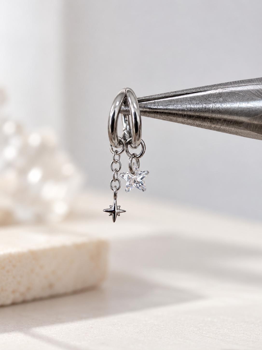 16g 18g 6mm 8mm dainty double hoop falling star diamond cz charm, titanium rook piercing hoop, cartilage piercing, helix hoop charm