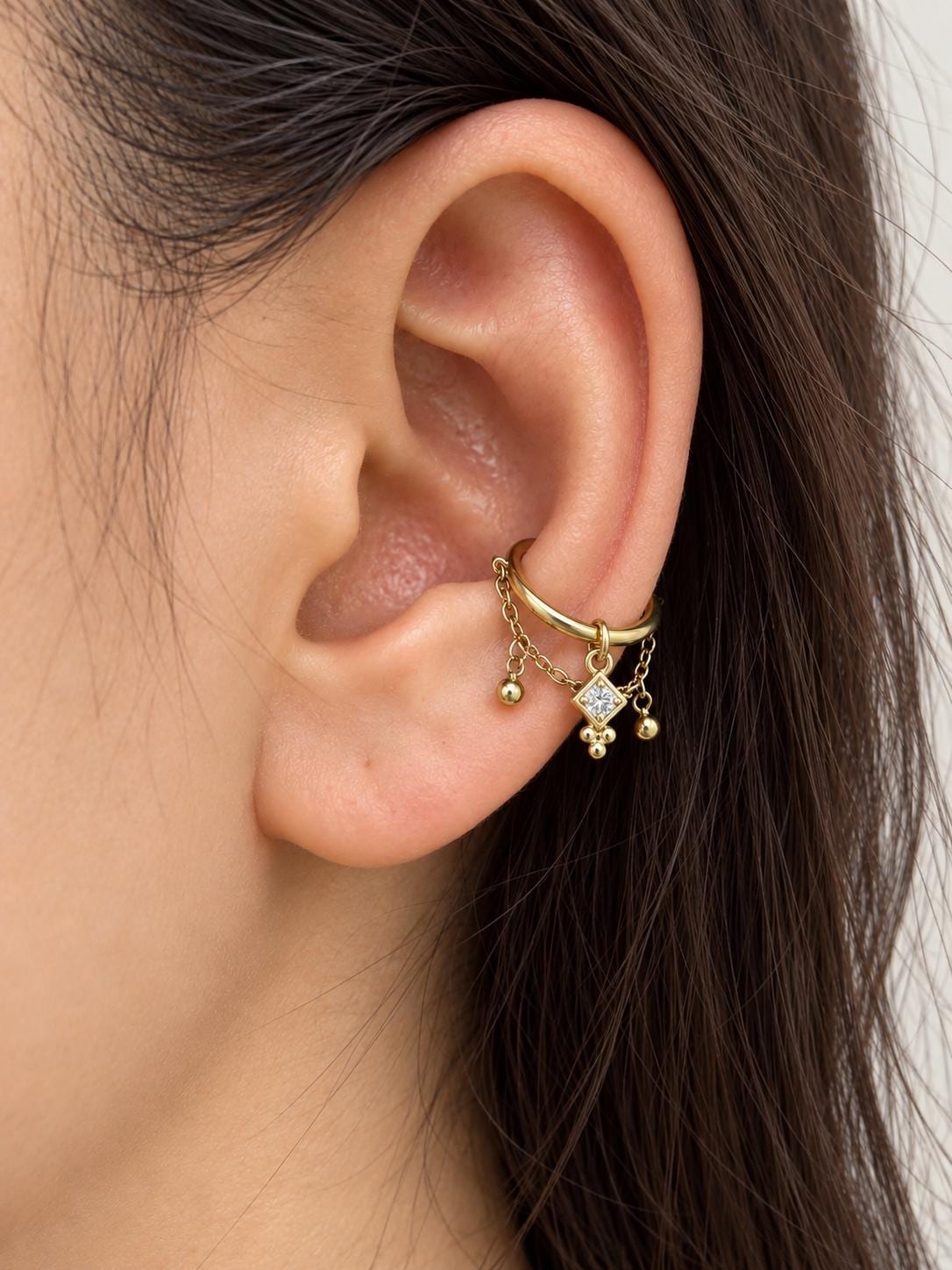 Titanium NEW Amelia CZ Conch Hoop, Gold Helix Earring, Chain Cartilage Piercing, Hypoallergenic Waterproof Jewelry