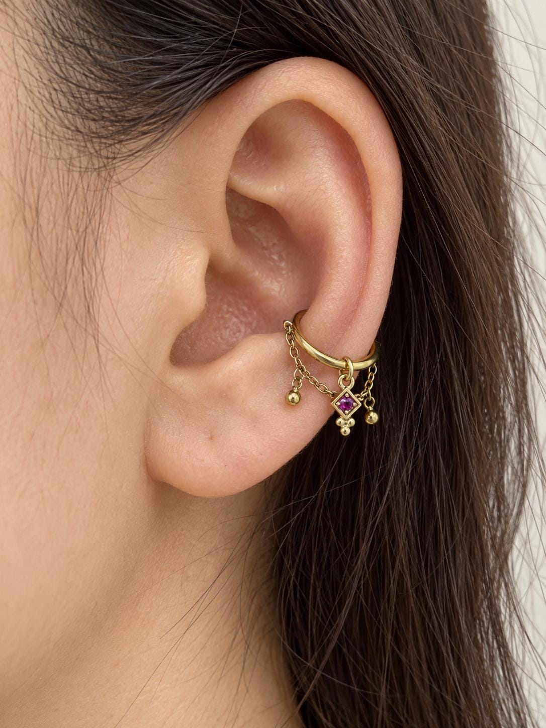 Titanium NEW Amelia CZ Conch Hoop, Gold Helix Earring, Chain Cartilage Piercing, Hypoallergenic Waterproof Jewelry