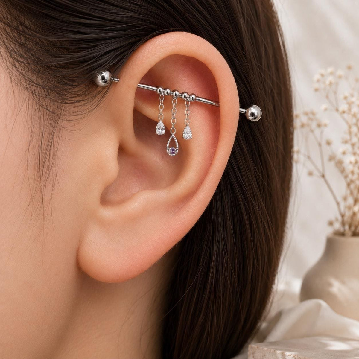 16g 36mm serena titanium dainty industrial barbell with chain tassle and diamond cz pear charms, whimsical cartilage piercings