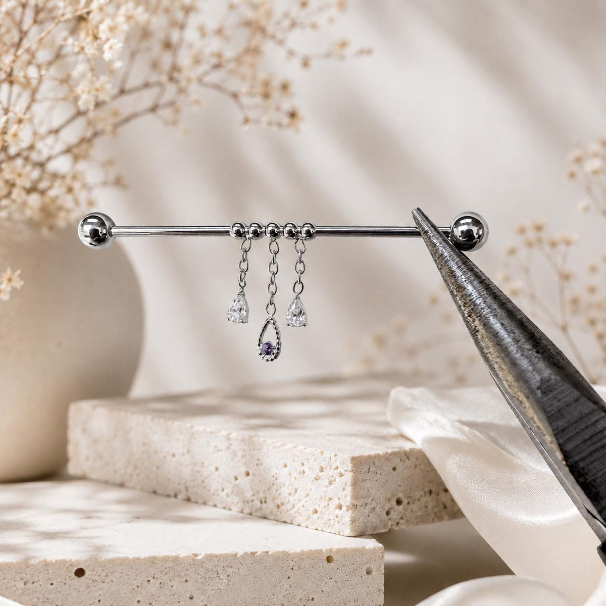 16g 36mm serena titanium dainty industrial barbell with chain tassle and diamond cz pear charms, whimsical cartilage piercings