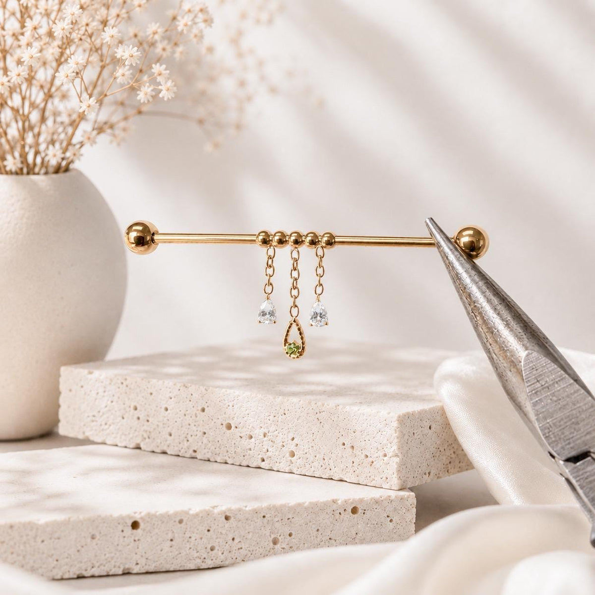 16g 36mm serena titanium dainty industrial barbell with chain tassle and diamond cz pear charms, whimsical cartilage piercings