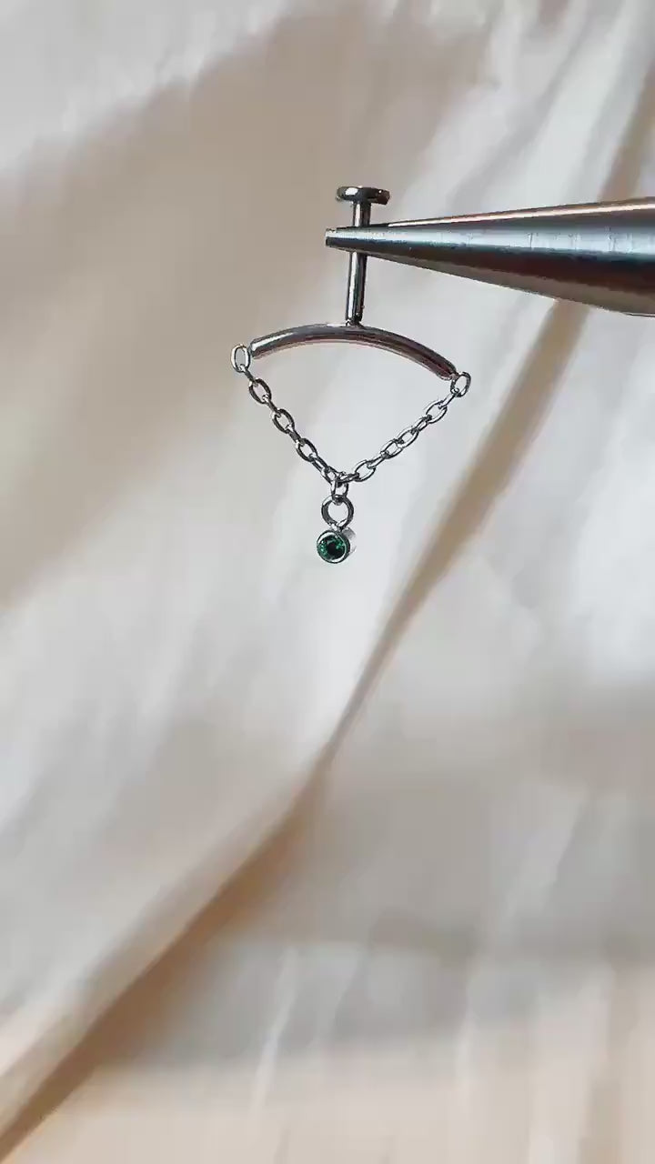 Dainty Gold Emerald CZ Chain F136 Titanium 16G 18g Push Pin Flat Back Vertical Helix Piercing, Vertical rook piercing, hidden rook, flat