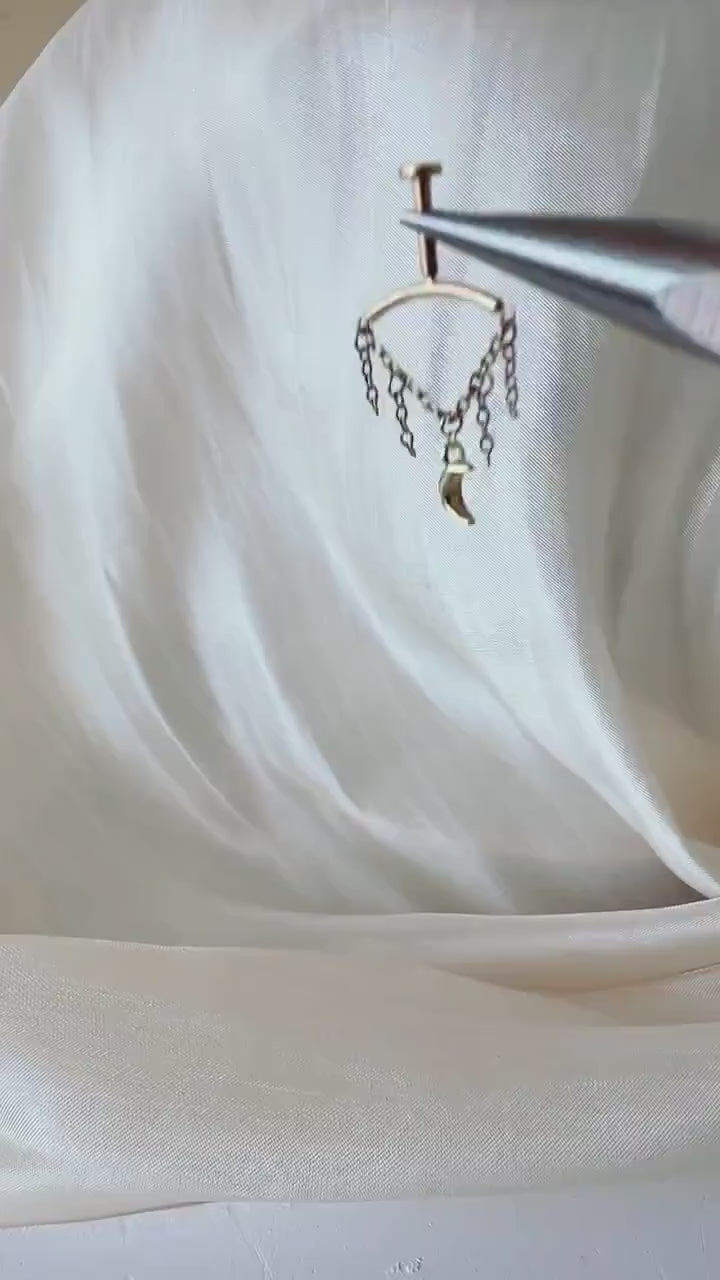 Vertical Helix Earring with Moon Charm, Push Pin Titanium Chain Cartilage Earring, Celestial Earrings
