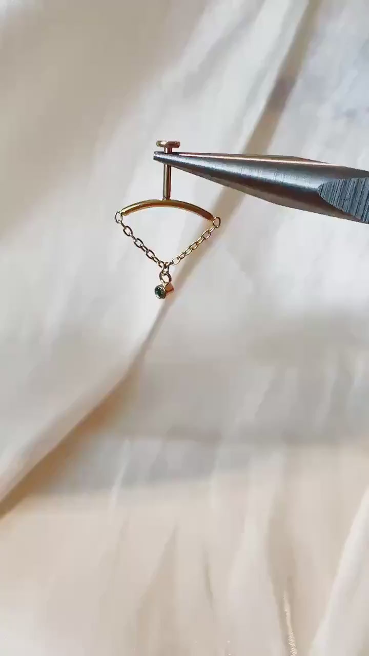 Dainty Gold Diamond CZ Chain F136 Titanium 16G 18g Push Pin Flat Back Vertical Helix Piercing, Vertical rook piercing, hidden rook, flat