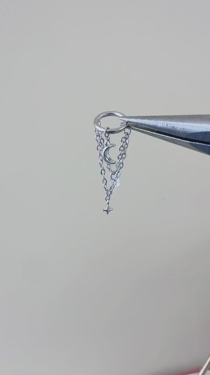 14g/16g/18g 6mm-12mm Dainty Celestial Star or Moon Helix Chain Piercing, Conch Hoop Charm Earring